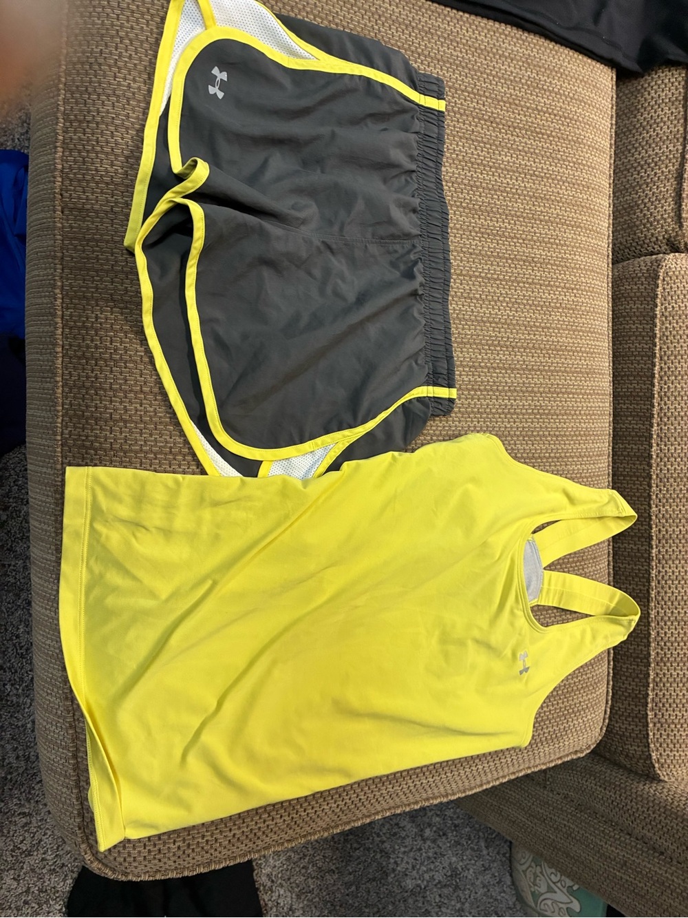 Under Armour Neon Yellow Racerback Tank with Charcoal Gray Trim Shorts Set